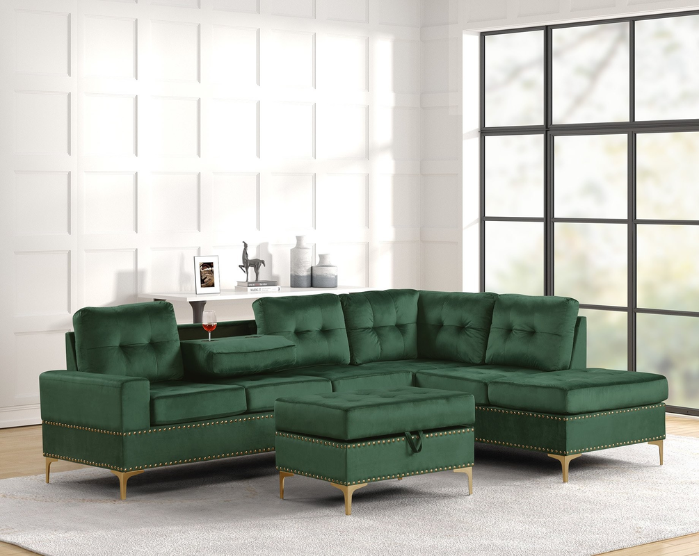 Anserra Green Velvet Sectional Sofa with Chaise and Ottoman Anserra Green Velvet Sectional Sofa with Chaise and Ottoman
