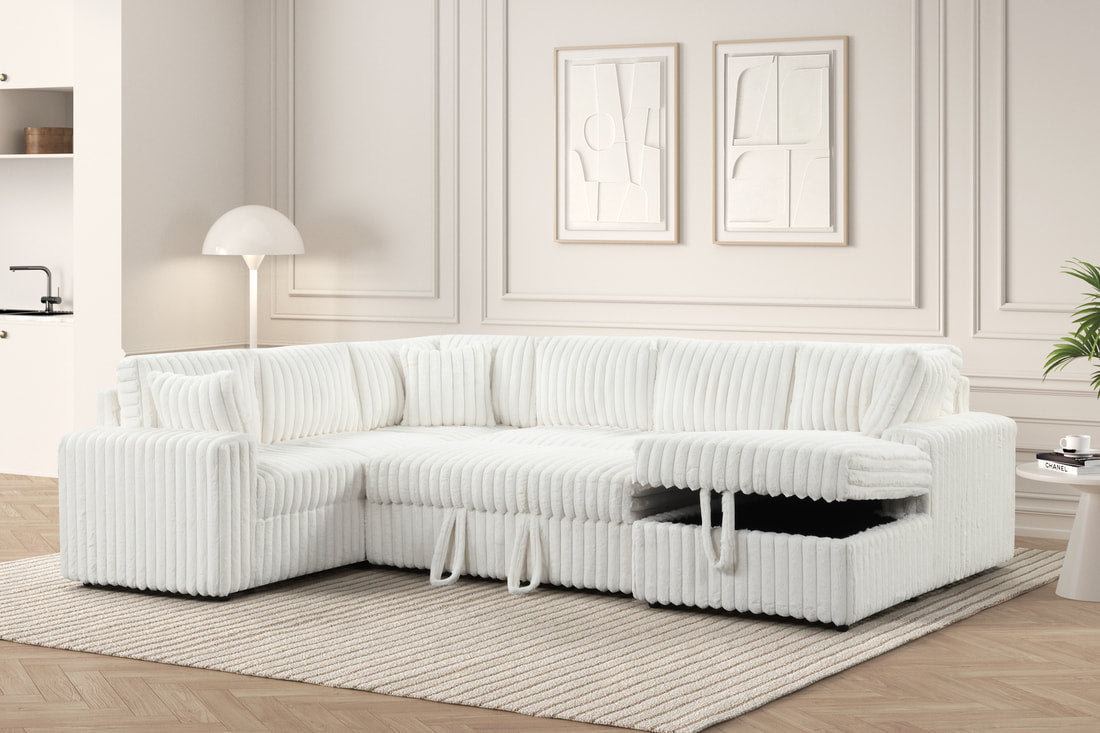 XL Forever Fluffy Beige Corduroy Sectional With Pull-Out Bed