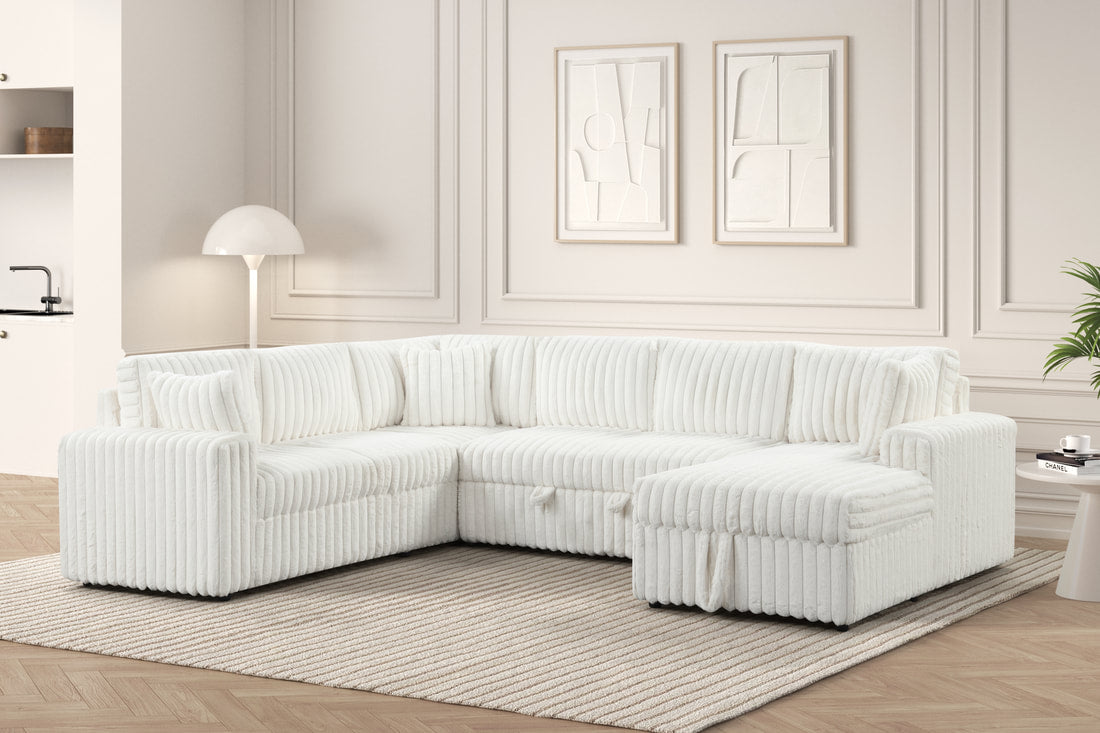 XL Forever Fluffy Beige Corduroy Sectional With Pull-Out Bed