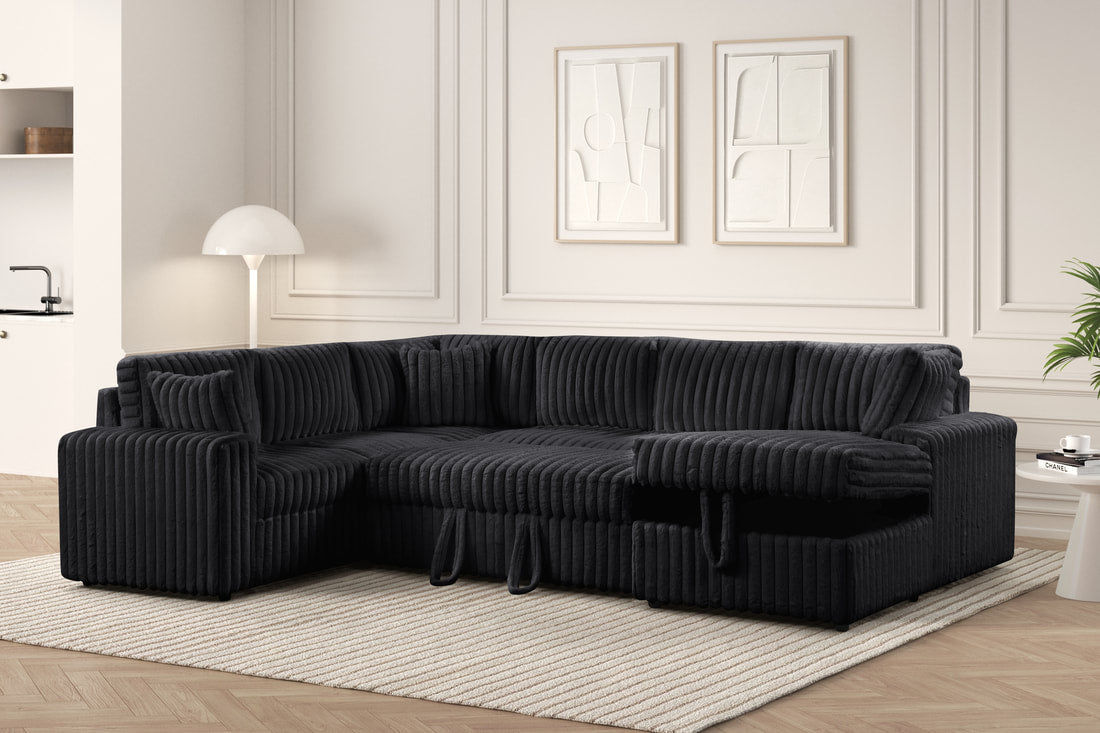 XL Forever Fluffy Black Corduroy Sectional With Pull-Out Bed