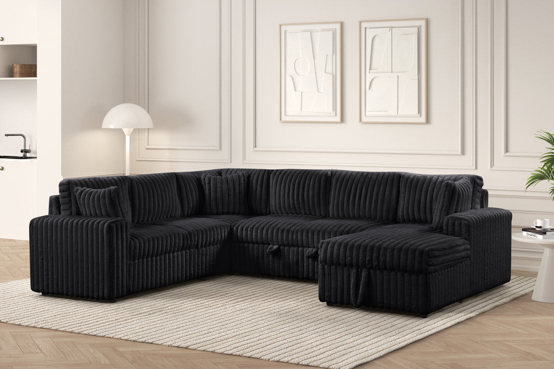 XL Forever Fluffy Black Corduroy Sectional With Pull-Out Bed