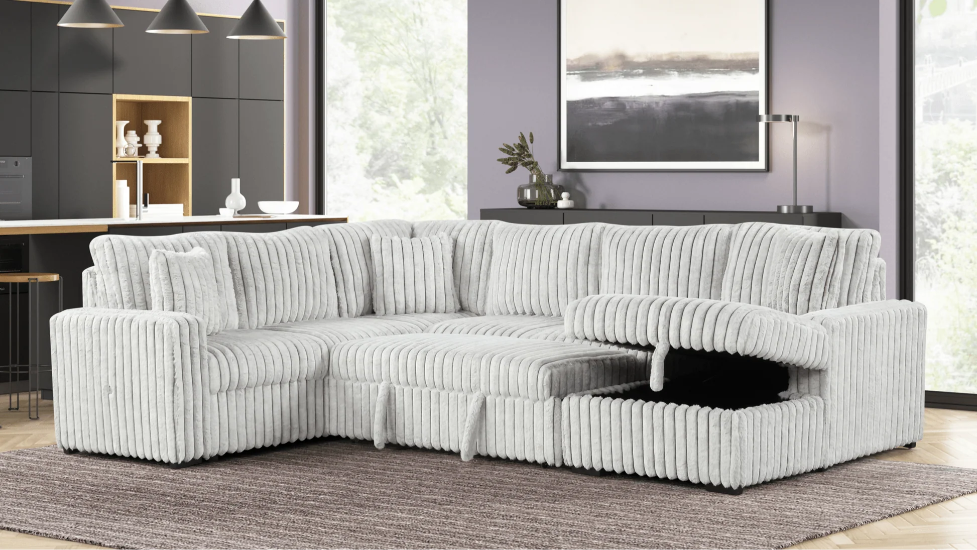 XL Forever Fluffy Corduroy Sectional With Pull-Out Bed
