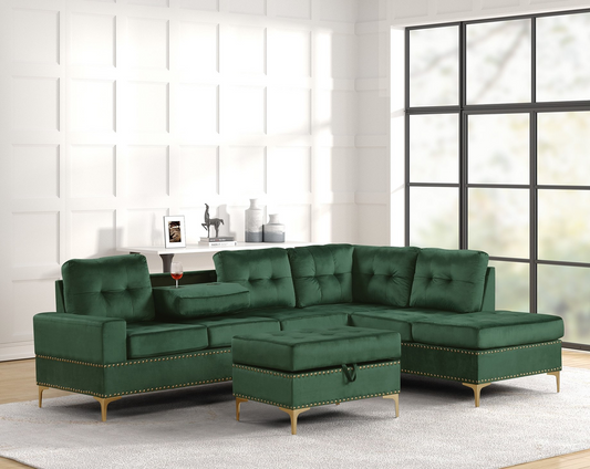 Anserra Green Velvet Sectional Sofa with Chaise and Ottoman