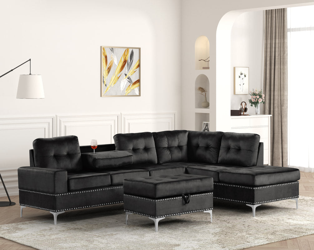 Anserra Black Velvet Sectional Sofa with Chaise and Ottoman