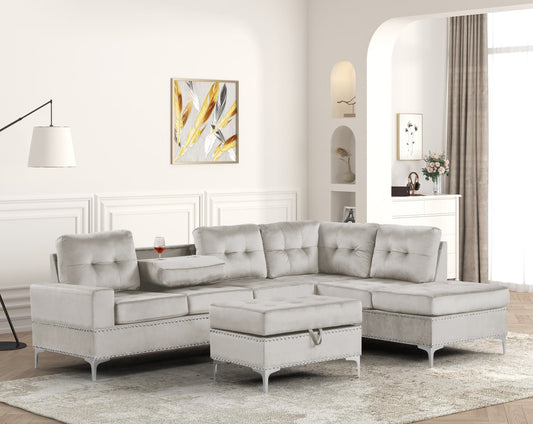 Anserra Silver Velvet Sectional Sofa with Chaise and Ottoman