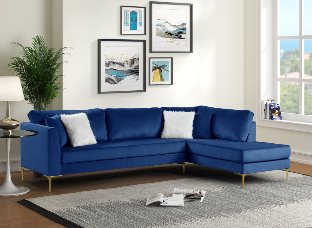 Catalina Blue Velvet Sectional Sofa with Chaise