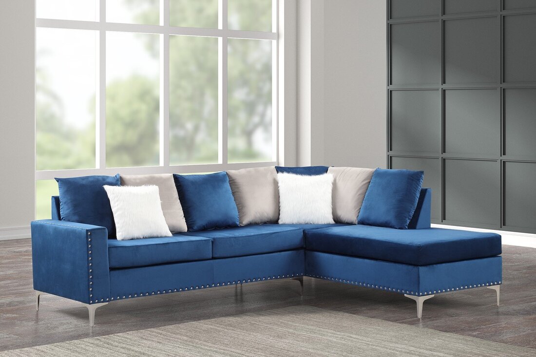 Cindy Blue Velvet Sectional Sofa with Reversible Chaise