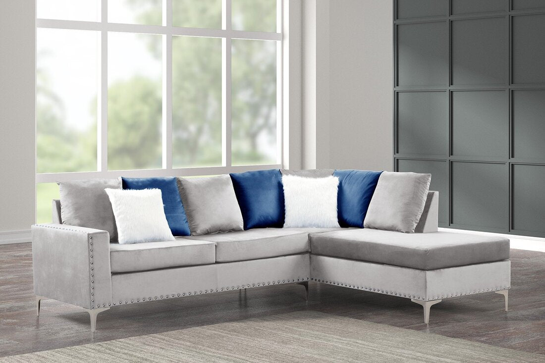 Cindy Silver Velvet Sectional Sofa with Reversible Chaise