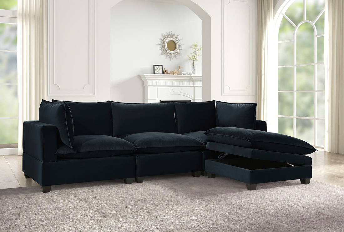 KOVA Cloud Modular Sectional w/ Storage Ottoman - Charcoal Black Velvet