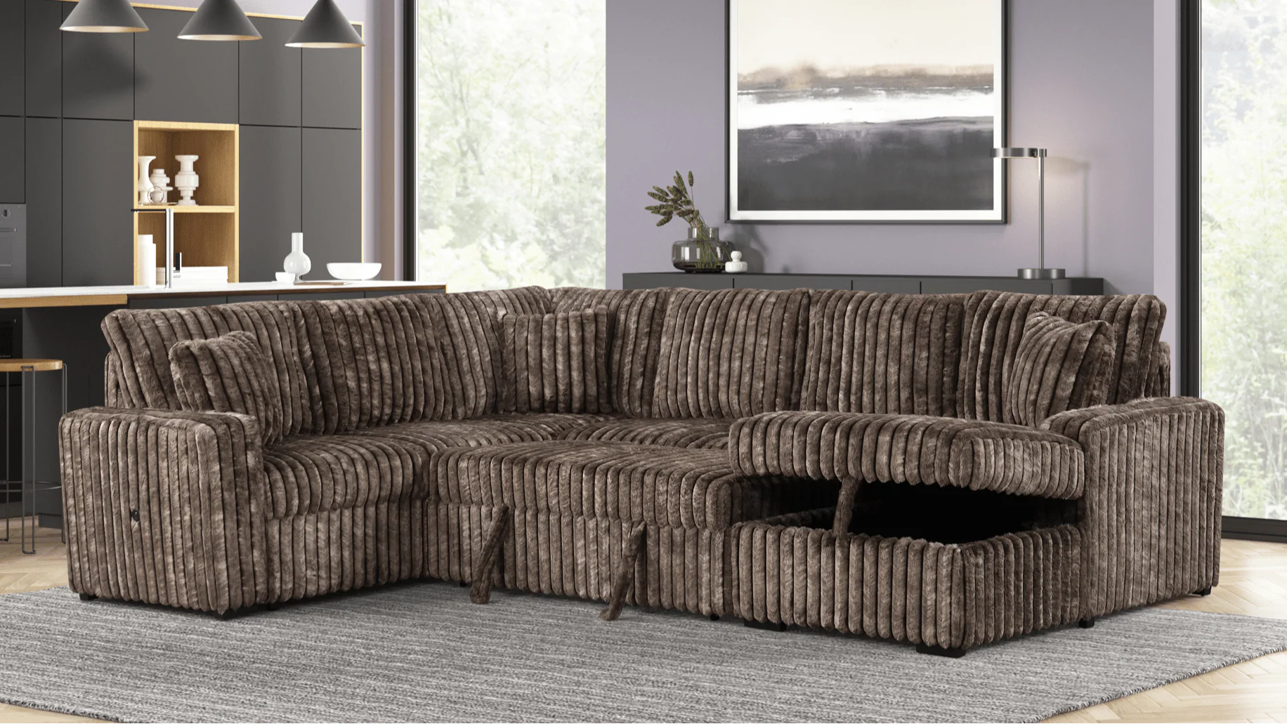 XL Forever Fluffy Corduroy Sectional With Pull-Out Bed