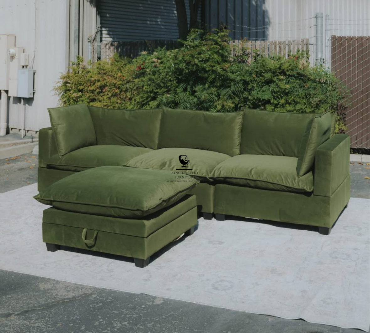 KOVA Cloud Modular Sectional w/ Storage Ottoman - Olive Green Velvet