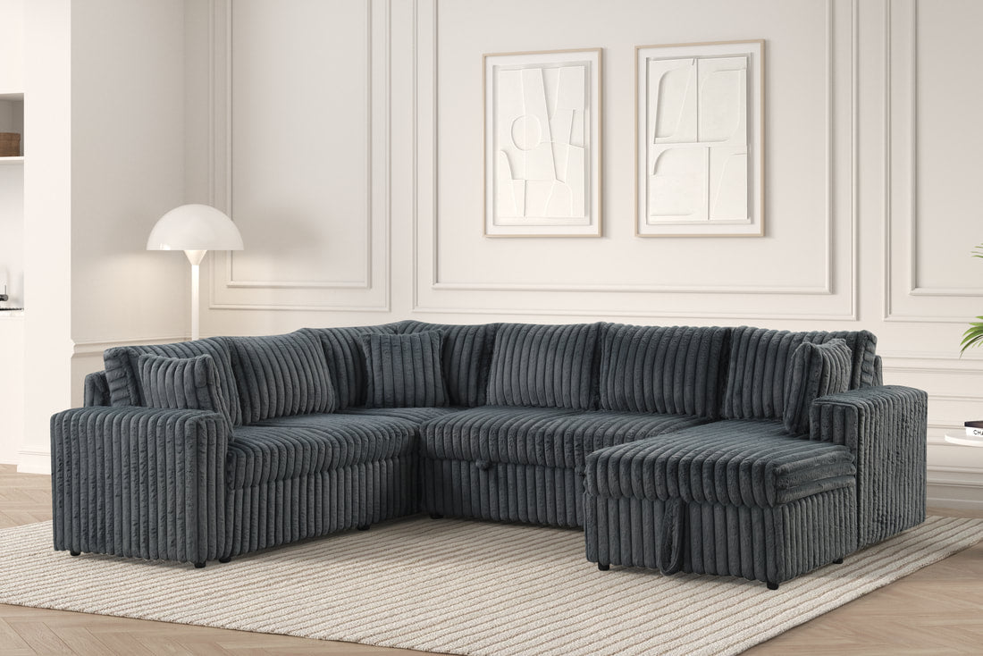 XL Forever Fluffy Charcoal Corduroy Sectional With Pull-Out Bed