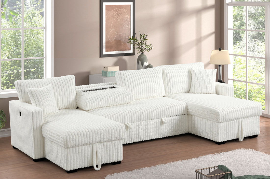 XL Forever Fluffy Corduroy Double Chaise Sectional With Pull-Out Bed