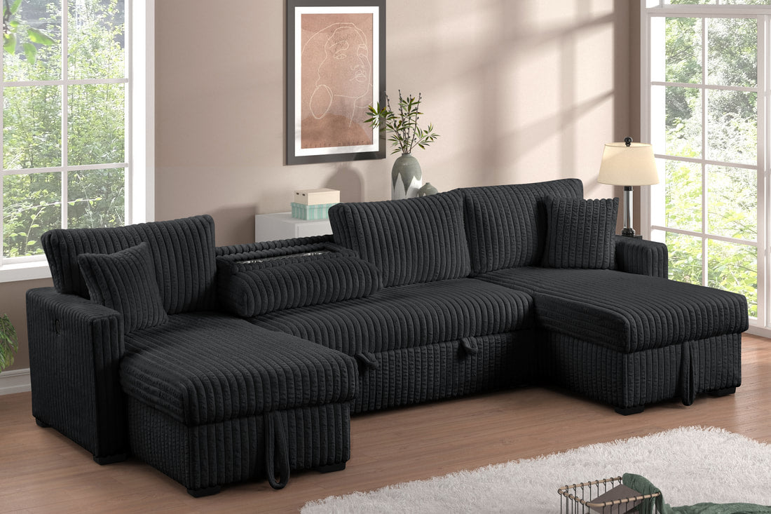 XL Forever Fluffy Corduroy Double Chaise Sectional With Pull-Out Bed