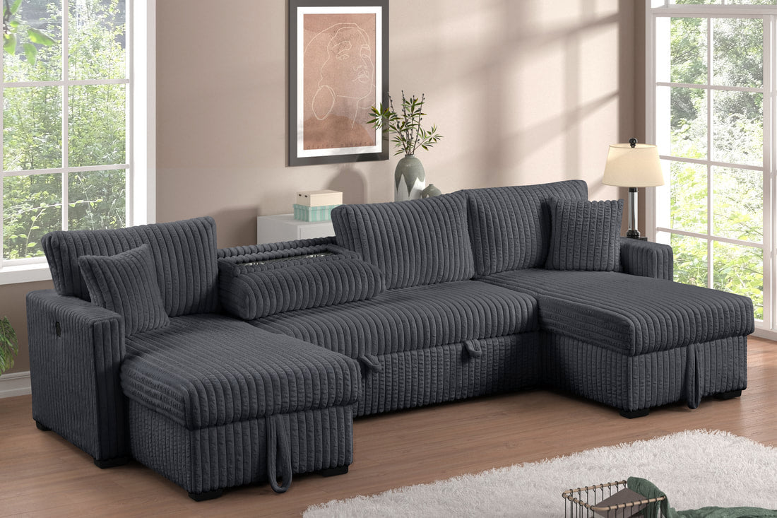 XL Forever Fluffy Corduroy Double Chaise Sectional With Pull-Out Bed