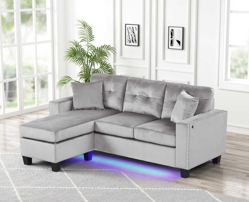Messi Sofa with LED Lighting and Reversible Chaise - Gray Velvet