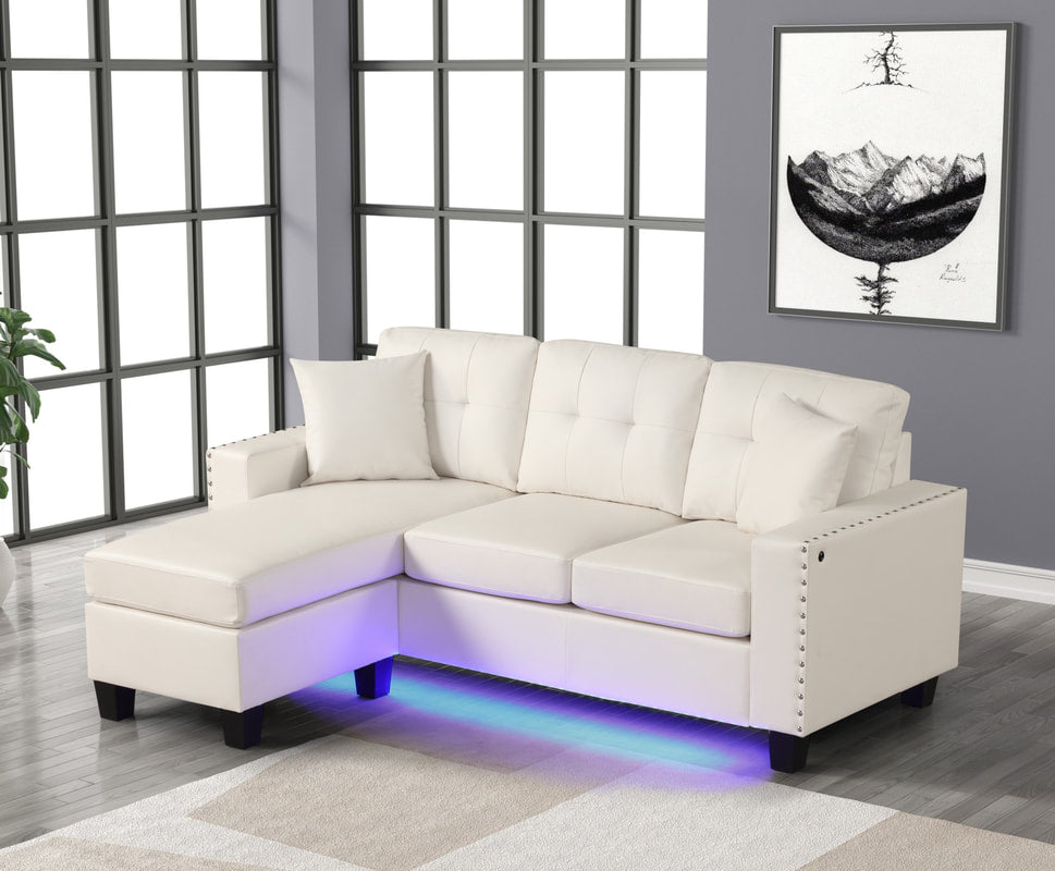 Messi Sofa with LED Lighting and Reversible Chaise - White Faux Leather