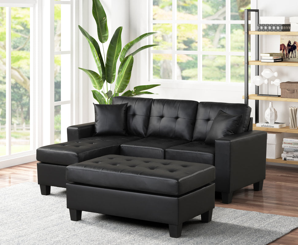 Naomi Sofa with Reversible Chaise and Ottoman - Black Faux Leather