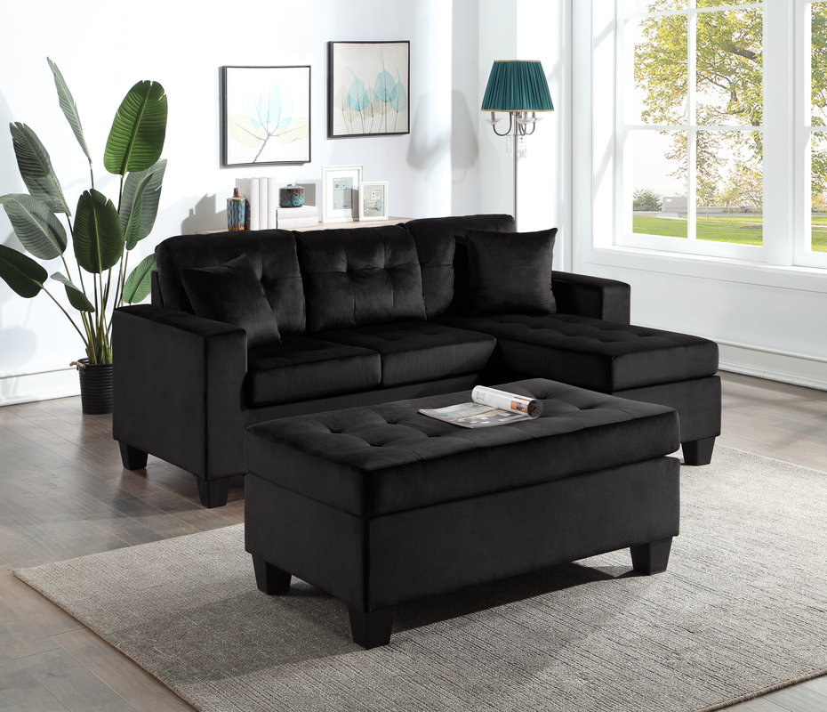 Naomi Sofa with Reversible Chaise and Ottoman - Black Velvet