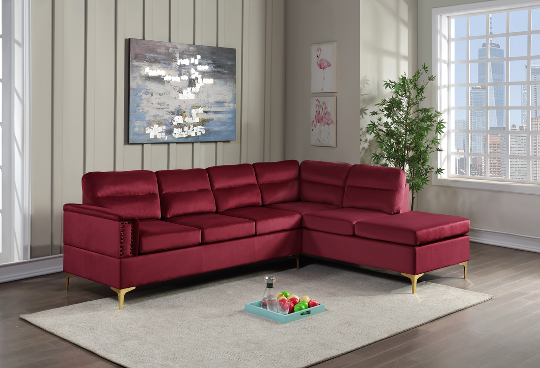Vogue Red Velvet Sectional Sofa with Chaise